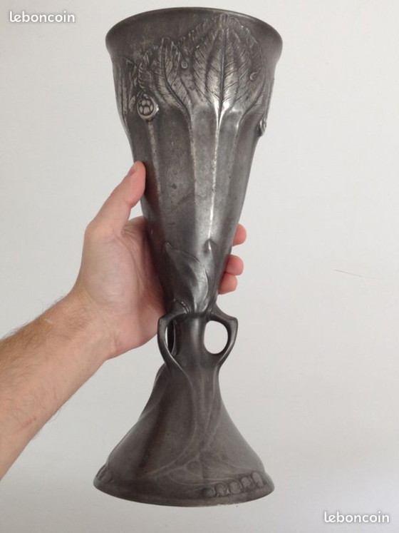 Image 1 of Pewter vase by Kayserzinn 4445, Art Nouveau floral relief, circa 1905