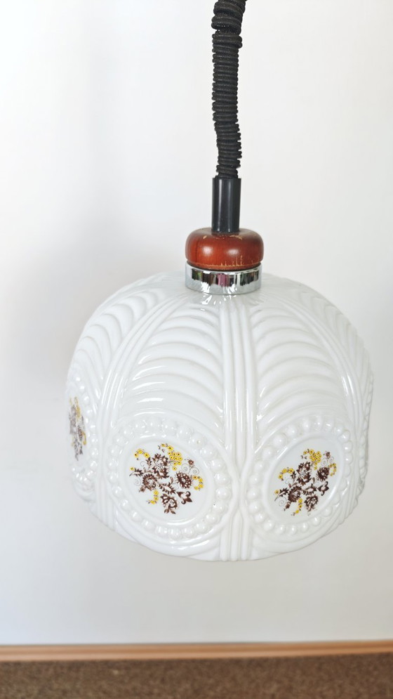Image 1 of Vintage country-style kitchen pendant light from the 1970s, Yugoslavia, floral opal glass, hanging lamp, retro chandelier with p