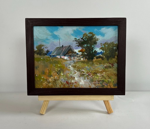 Origineel olieverfschilderij: Landschap met zomerhuis en wilde bloemen in de buurt van het huis.