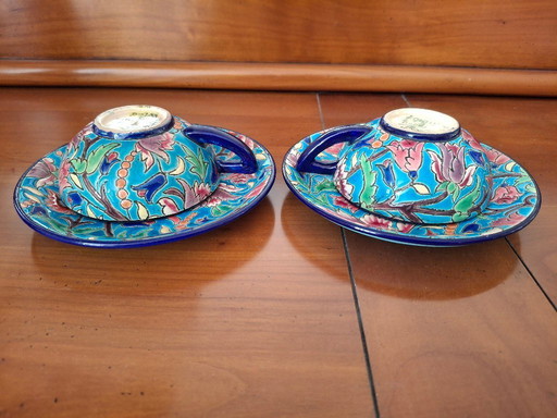 Tête à tête, set of 2 coffee cups and saucers in Longwy enamels