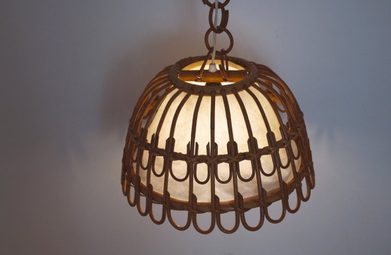 Image 1 of Vintage Rattan Bell Pendant Lamp, Louis Sognot Style Cane Ceiling Light, French Riviera Mediterranean Decor