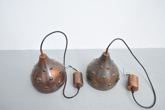 Image 1 of 2x Deckenleuchte aus Kupfer mit Buntem Glas (1960er)