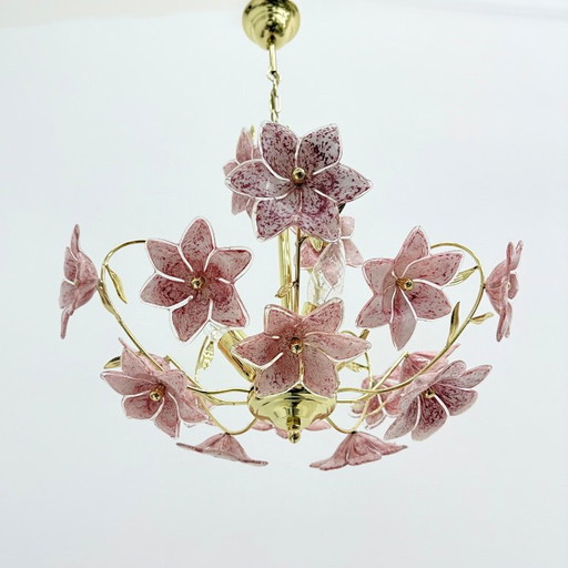 Murano pink glass flower chandelier , 1970s