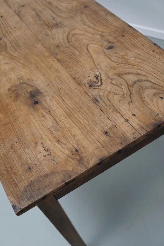 Image 1 of Antique French rustic farm table in light elm wood, 19th century