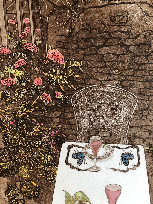 Margo Ellen - Abendessen mit Melone. Farbradierung signiert und gerahmt