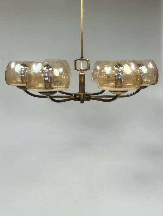 Image 1 of Vintage Brass Chandelier/Pendant Lamp, 6 Arms, Amber Bubble Glass