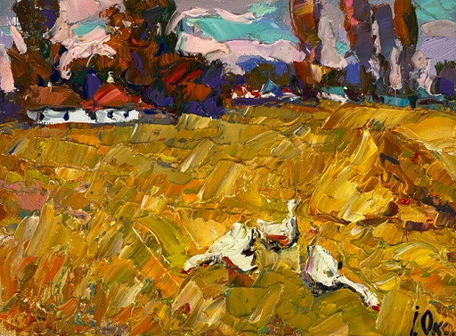 Peinture à l'huile originale, paysage rural, oies, vie à la campagne, promenade d'automne dans le village