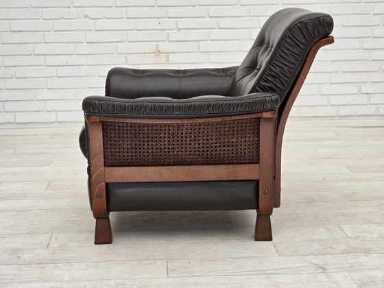 Image 1 of 1970er Jahre Skandinavischer Sessel, Braunes Möbelleder, Teakholzbeine