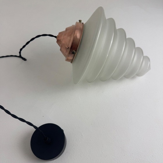 OLD ART-DECO 1930 FROSTED GLASS PENDANT LAMP, Copper, Black, Vintage (photo 3 of 12)