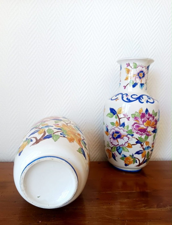 Image 1 of 2x baluster vases with peonies