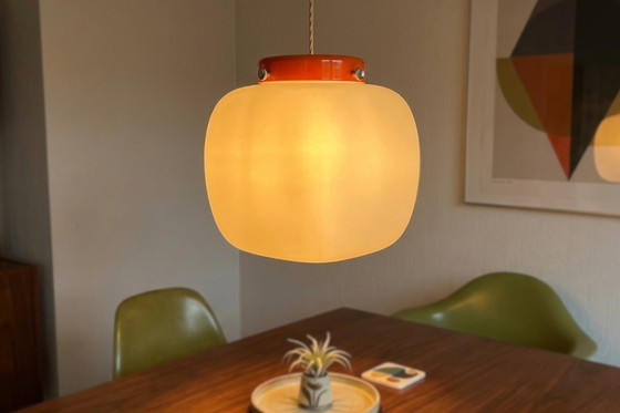 Image 1 of Vintage Space Age Pendant Lamp from the 1970s – Opal Glass and Pop Orange