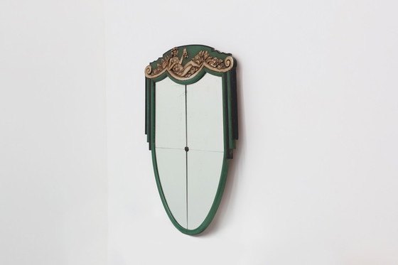 Image 1 of Miroir sculpté vert Art déco français, années 1930