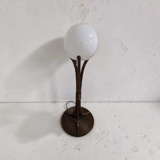 Mid-Century Bamboo Floor Light with Opal Glass Sphere, circa 1970s, Rattan, Brown, Vintage (photo 6 of 10)