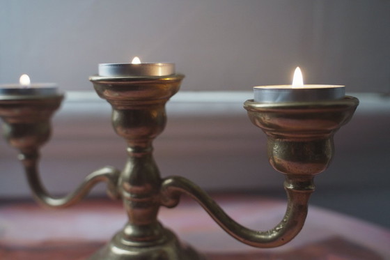 Image 1 of Solid Brass Vintage Candelabra, Bronze-Tone Three-Arm Candle Holder