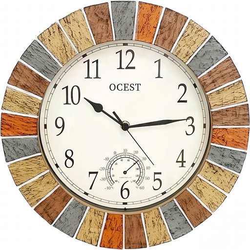 OCEST 33 cm tuinklok, grote waterdichte buiten indoor wandklokken met thermometer, weerbestendig, niet-tikkend, batterij-aangedr