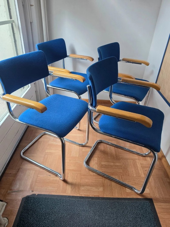 4 original Thonet S 43 armchairs by Mart Stam – Red I – Dining chairs, Chrome (photo 3 of 8)