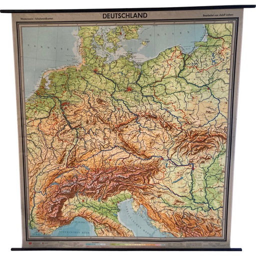 Alte Schulkarte von Mitteleuropa in Papier auf Leinen für Westermann Braunschweig, 1960