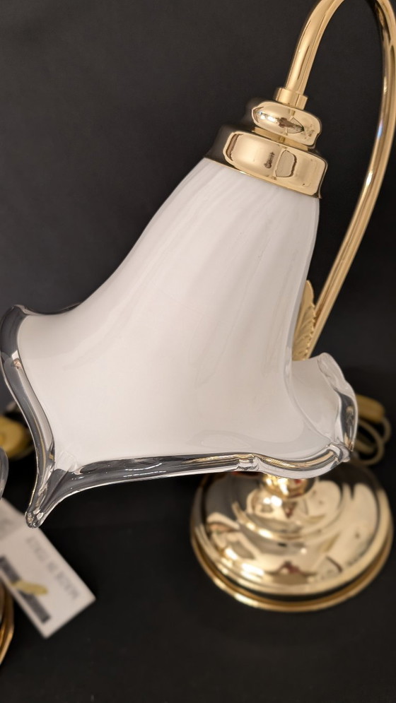 Image 1 of Refined Pair of Murano Calla Lamps, Vintage New Old Stock, 24kt Gold