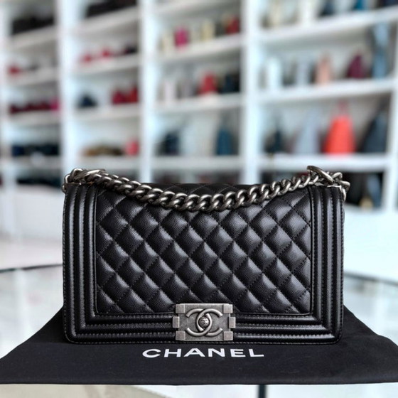 Image 1 of Chanel Boy Medium - Caivar 25CM Quilted Black Ruthenium Silver Hardware
