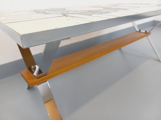 Image 1 of Vintage coffee table from the 60s and 70s in ceramic, chrome metal and wood