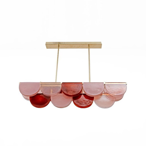 Lámpara de araña lineal modular italiana de cristal de Murano y latón en rosa y rojo.