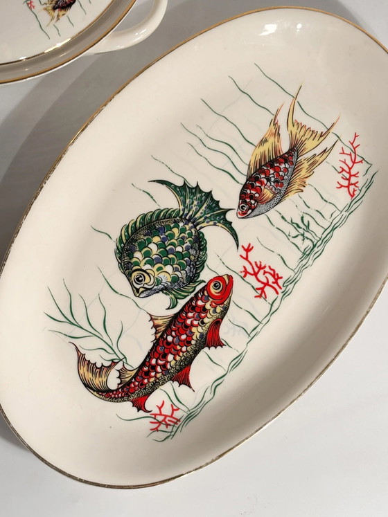 Servizio da tavola bavarese in ceramica degli anni '80 composto da sei piatti e zuppiera per pesce. (photo 11 of 14)