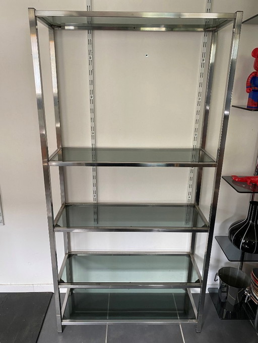 Bookcase glass and chrome modular wall shelf vintage 1970