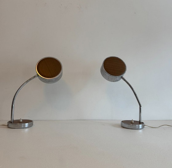 Image 1 of Pair of vintage adjustable table lamps, chromed metal and wood, France, 1970