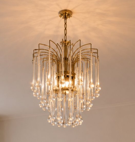 Lampadario vintage Murano a cascata – 56 gocce di vetro – Ottone – Design italiano anni '70 – Brass (photo 3 of 5)