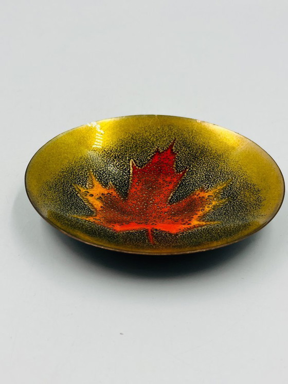 Image 1 of Enamelled leaf trinket tray signed Jules Perrier, artisan from Quebec