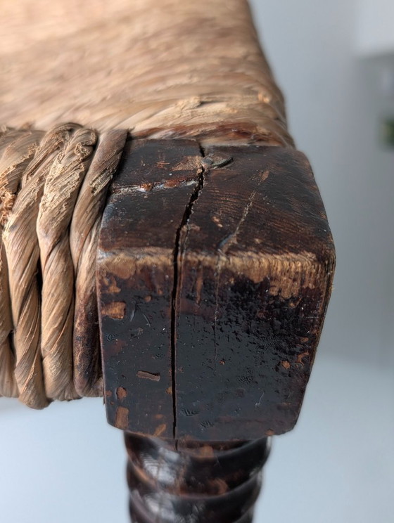 Image 1 of Spanish Provincial Bobbin-Turned Rush Bench, 1940s