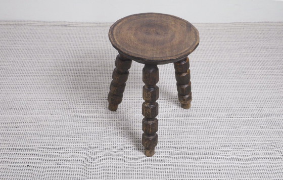 Image 1 of Vintage Bobbin Turned Wooden Stool Plant Stand Brutalist Rustic Tripod Stool Farmhouse Wabi Sabi Decor