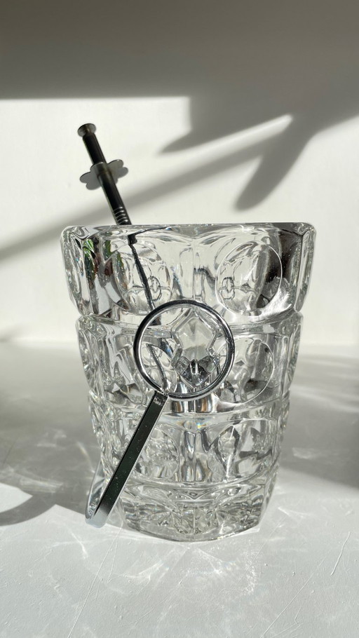 Eisbehälter aus geschliffenem Kristall und Vintage-Eiszange