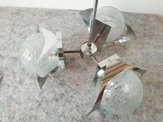 Image 1 of LUSTRE PLAFONNIER SPUTNIK 1970 VINTAGE 3 BOULES VERRE & ACIER CHROME 70S 70'S
