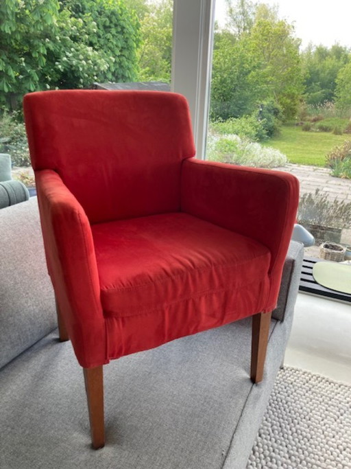 Two chairs, cherry wood with red fabric, dining room or side table