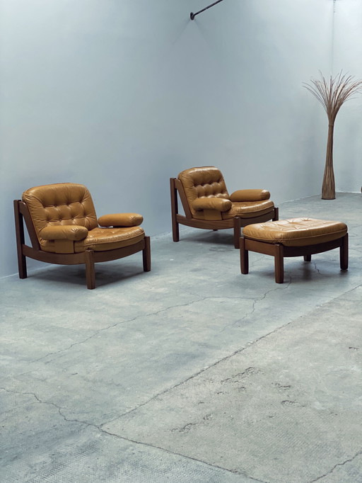 Carl Straub Midcentury Fauteuil Lounge & Ottoman Cuir Jaune Allemagne Années 1970