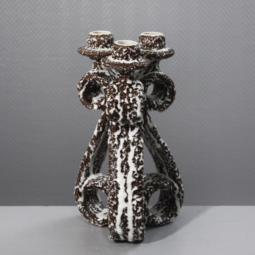Marius Giuge à Vallauris - Large 3-light candlestick 1960s Brutalist ceramics