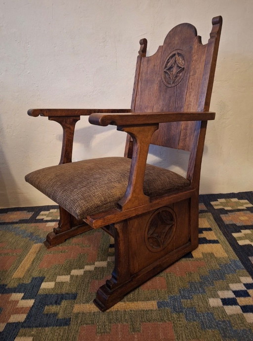 Antique Gothic Revival Carved Oak Armchair, 1910s – fauteuils, Textile, Wood (photo 2 of 11)