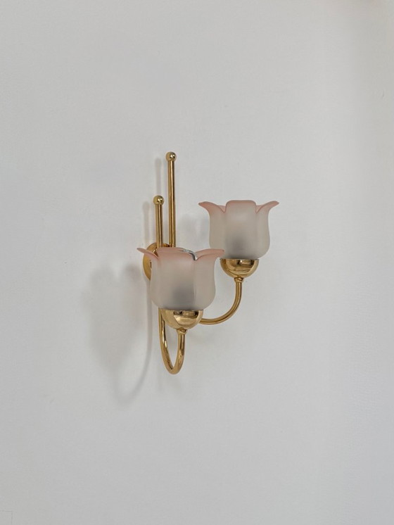 Image 1 of Vintage wall light, brass and pressed molded glass with a sandblasted pink finish, France, 1980