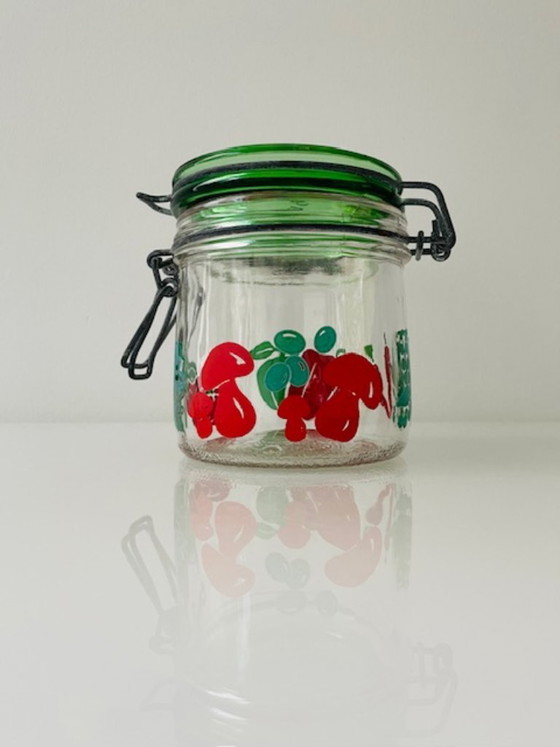 Image 1 of Bocal à conserve vintage en verre Carlton avec motif de légumes rétro