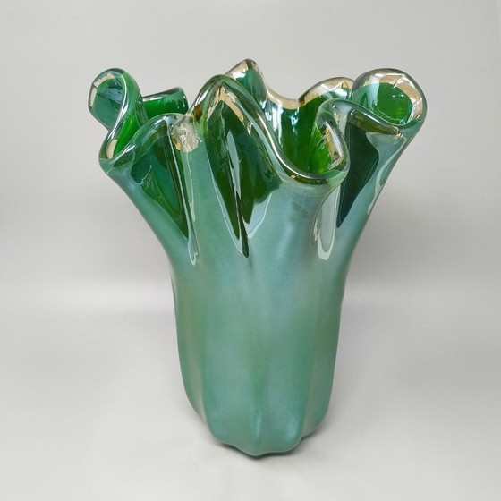 Image 1 of 1970s Luxury Handcrafted Green "Fazzoletto" Vase By Dogi in Murano Glass. Made in Italy