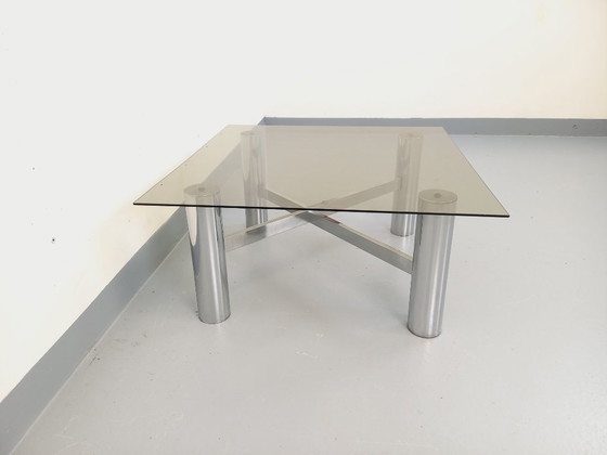 Image 1 of Vintage Italian square Space Age coffee table in smoked glass and chrome metal from the 1970s