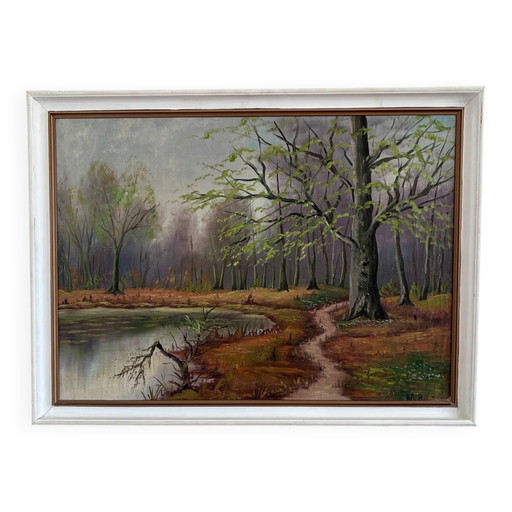 Peinture à l'huile originale vintage représentant un paysage forestier, datant des années 1960 environ.