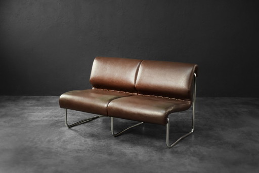 Vintage Mid-Century German Modern 2-Seater Brown Steel Frame Lounge Sofa, 1970s