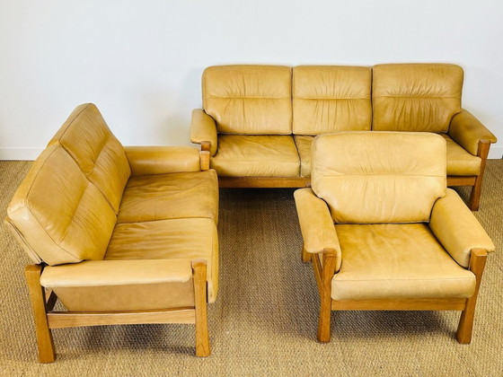Image 1 of Ensemble de salon complet en cuir naturel et chêne, 1960, Set de 3