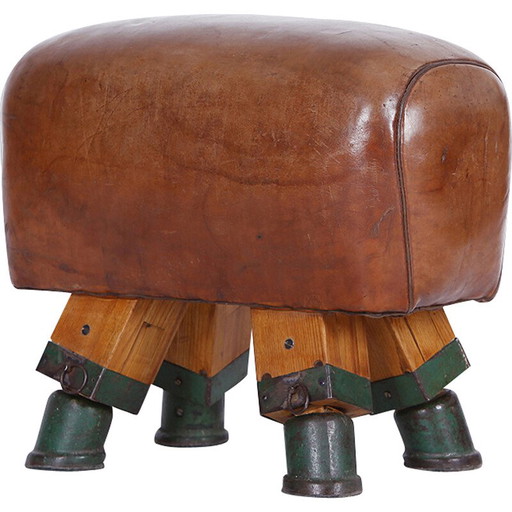 Gymnastique Vintage Tabouret en cuir tchèque Cheval d'arçons, années 1930