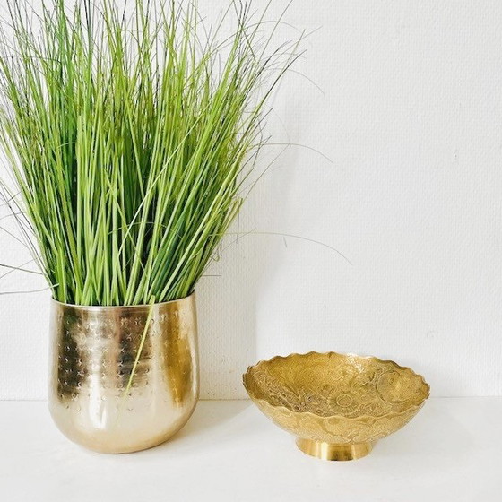 Image 1 of Vintage Oriental Engraved Peacock Brass Bowl Boho Patterns Flowers 1930's