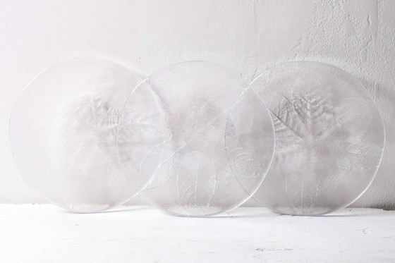 Image 1 of Set van 3 vintage Kosta Boda glazen dessertbordjes / Scandinavisch bladmotief / 1975