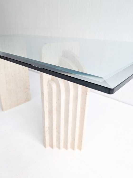 Image 1 of Travertine & Glass Dining Table with Sculpted Legs 1970s