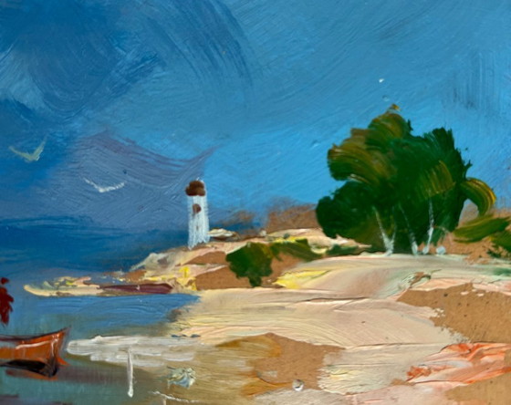 Image 1 of Peinture à l'huile originale, paysage de plage d'été, chaudes journées en mer